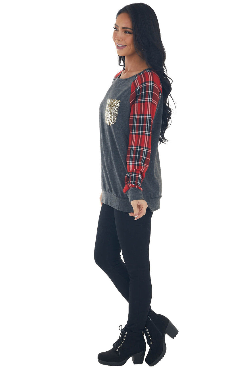Graphite and Ruby Plaid Sequined Knit Top