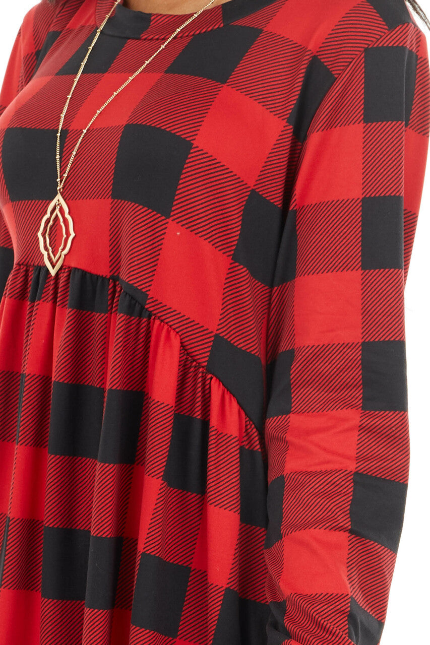 Ruby Red Buffalo Plaid Print Knit Long Sleeve Babydoll Dress