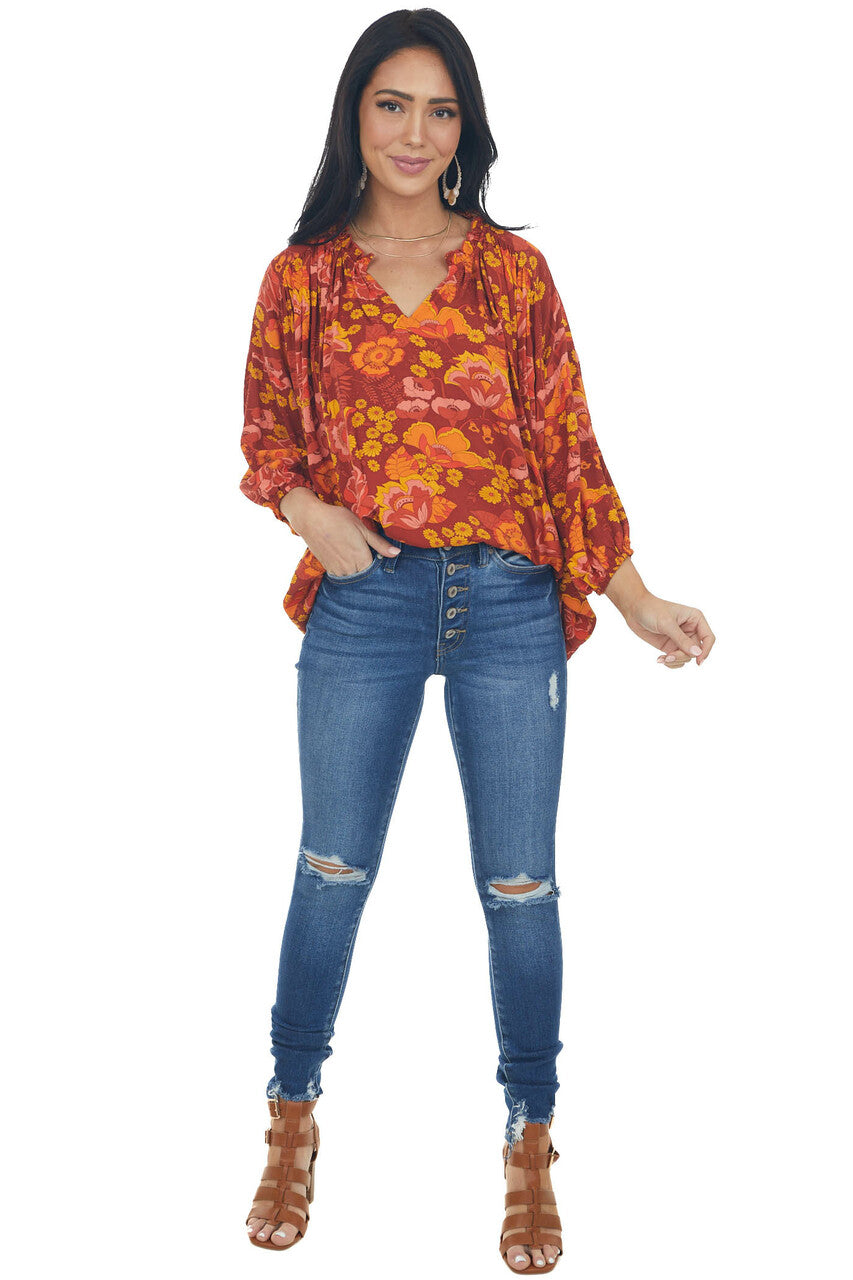 Cinnamon Floral Print Peasant Style Blouse