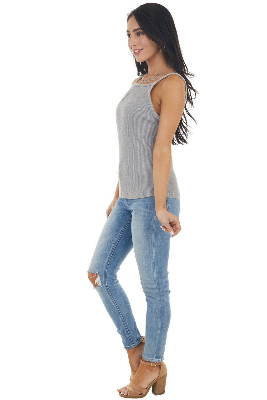 Grey Mineral Wash Ribbed Knit Tank Top with Halter Neckline