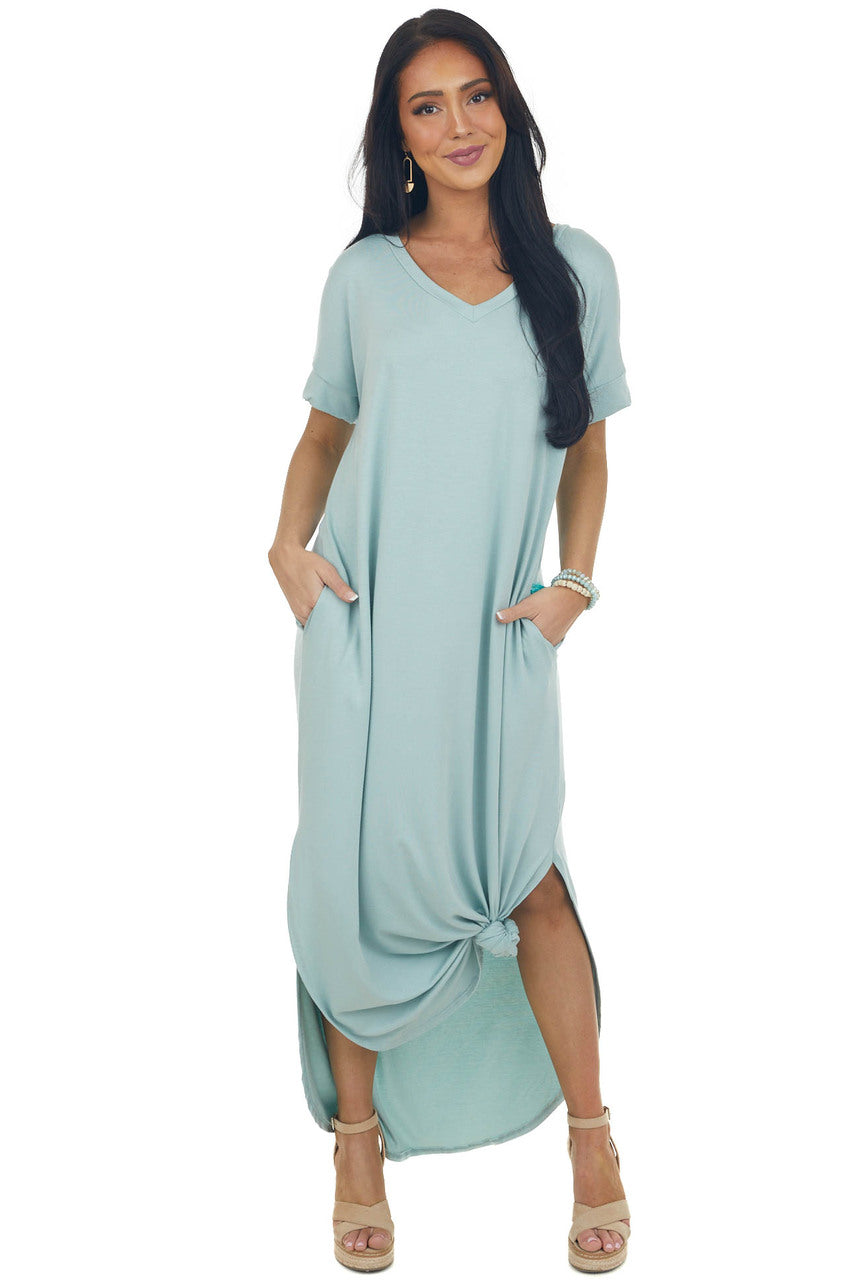 Mint Short Sleeve Maxi Dress with Side Slits 