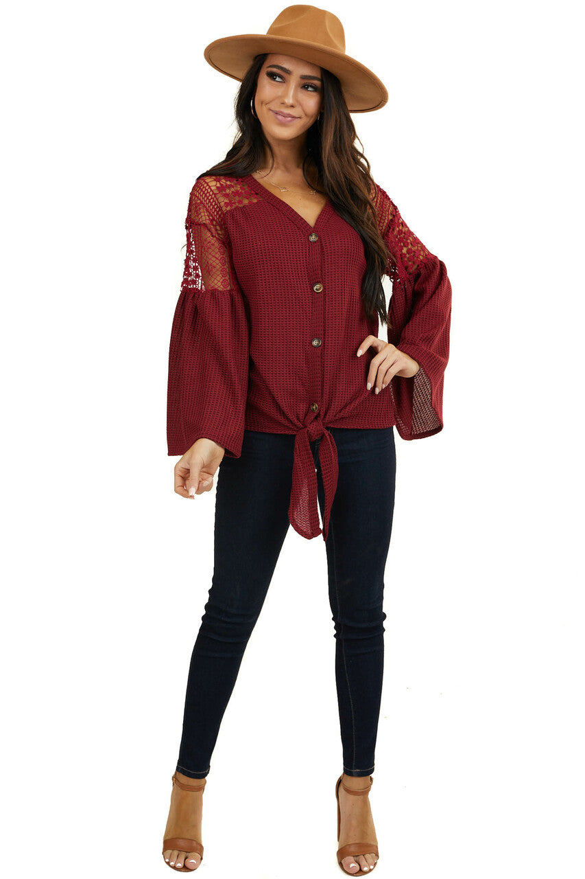 Wine Waffle Knit Top with Long Sleeves and Lace Contrast