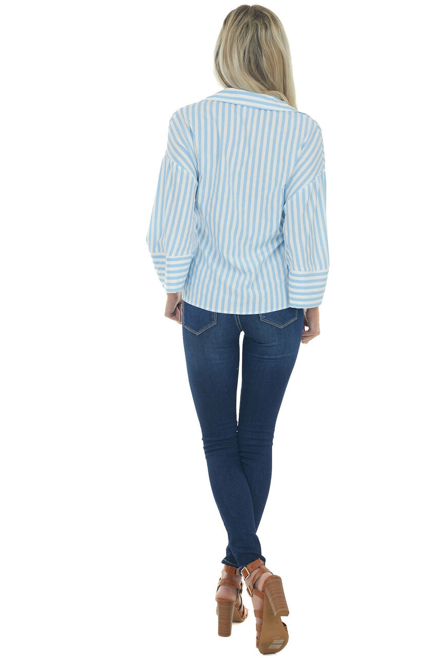 Baby Blue and Ivory Striped Half Button Top