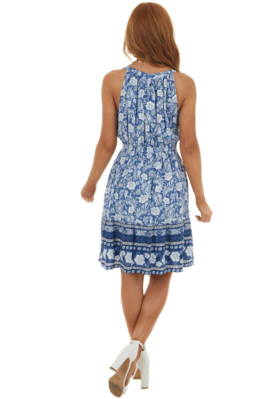 Dusty Blue Floral Print Notch Neck Short Dress