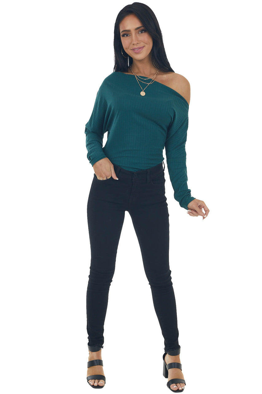 Pine Off Shoulder Long Sleeve Ribbed Bodysuit