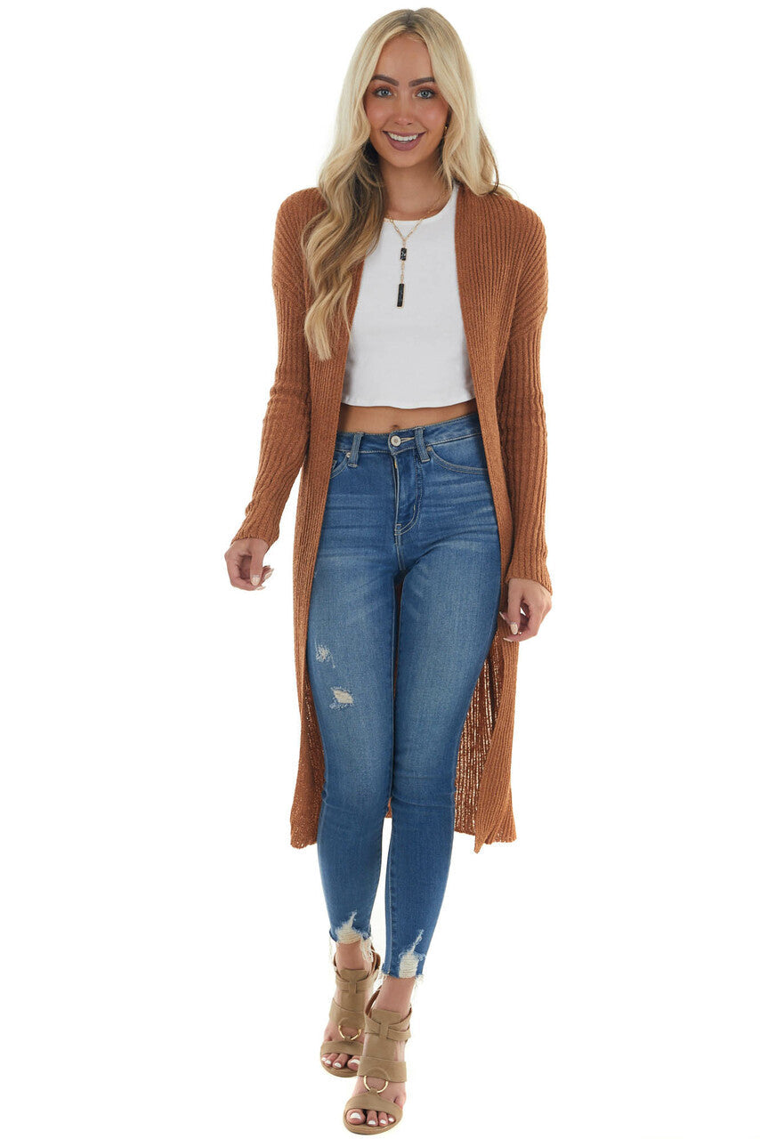 Cognac Open Front Duster Cardigan with Tie