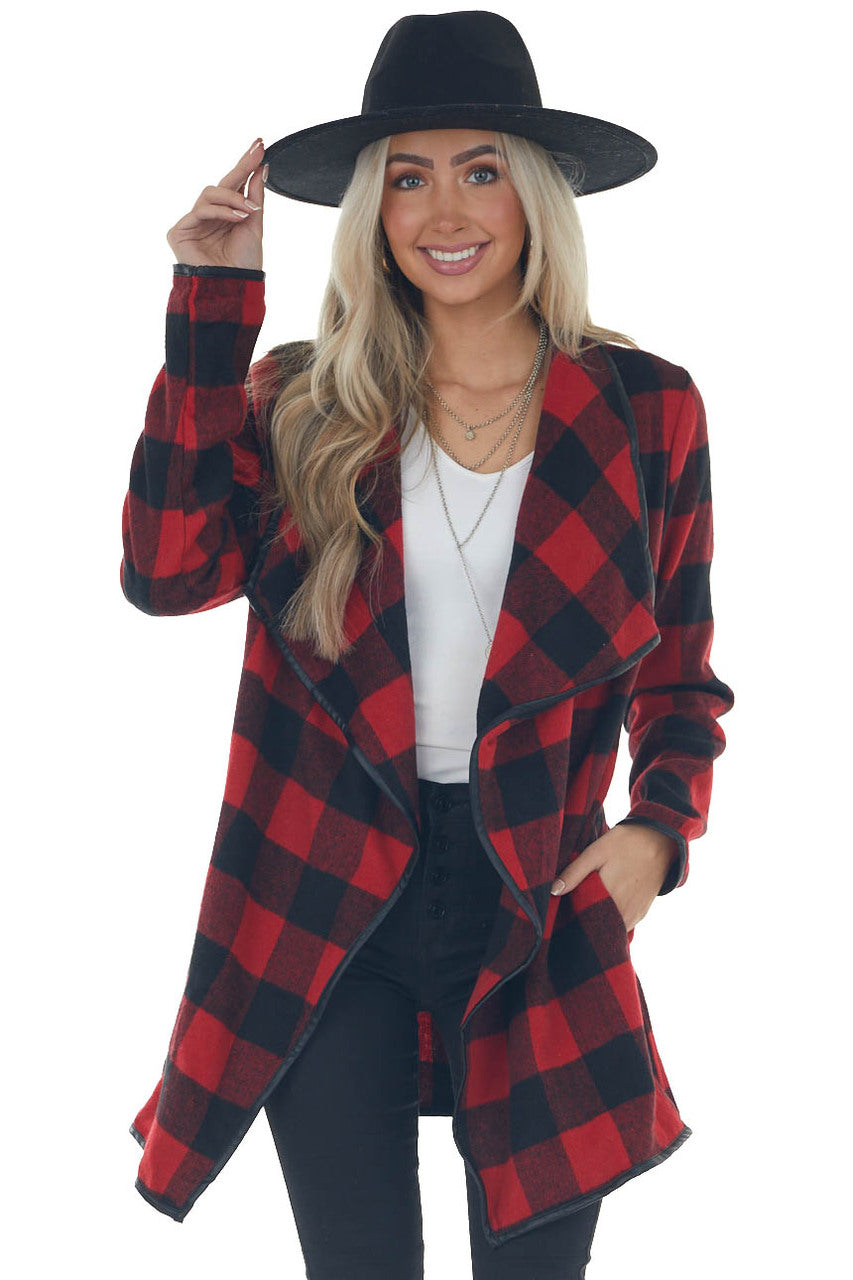 Ruby Buffalo Plaid Draped Open Front Coat 