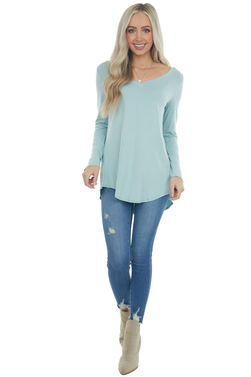 Arctic Blue Rounded Hem V Neck Soft Knit Top