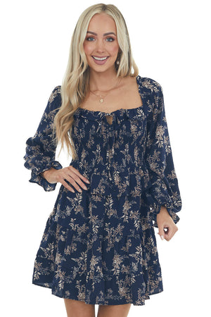 Navy and Champagne Smocked Tiered Woven Dress