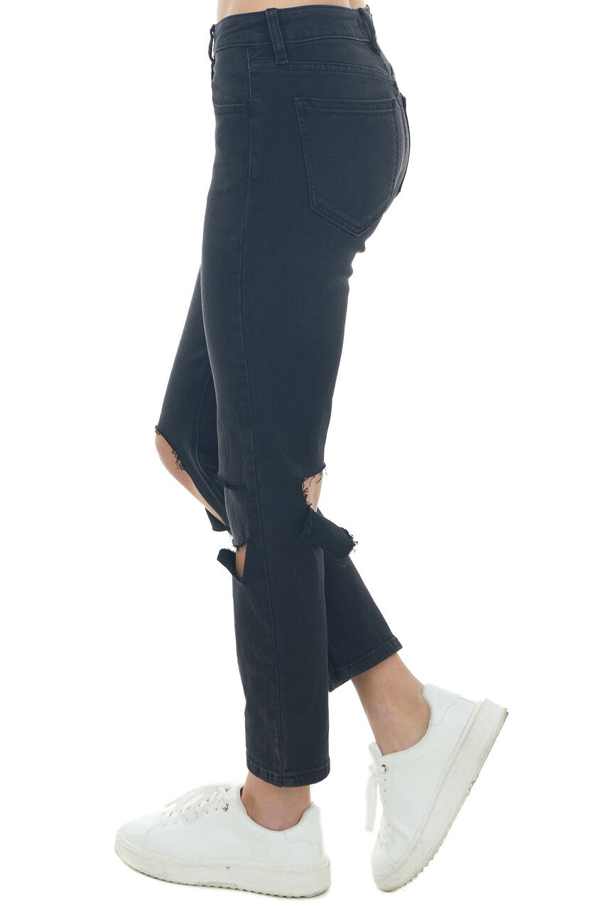 Black Mid Rise Slit Knee Boyfriend Jeans