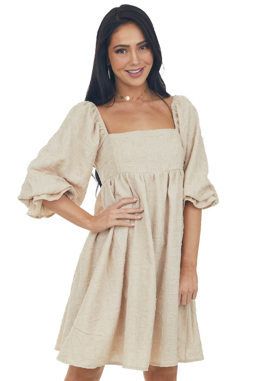 Beige Textured Woven Babydoll Short Dress