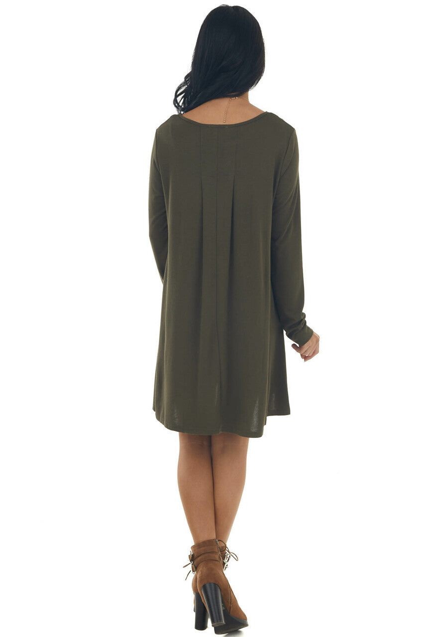 Olive Knit Long Sleeve Swing Dress