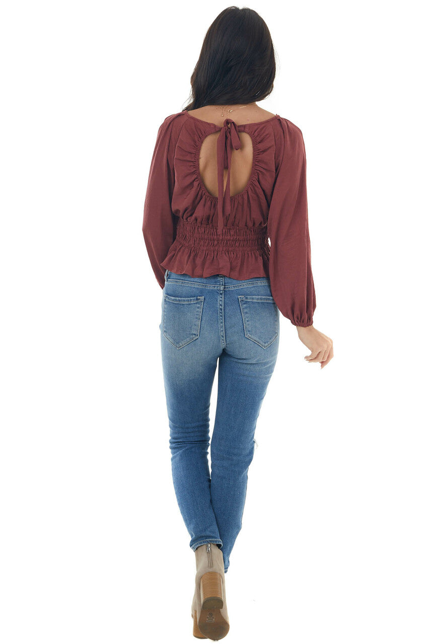 Marsala Open Back Smocked Peplum Silky Blouse 