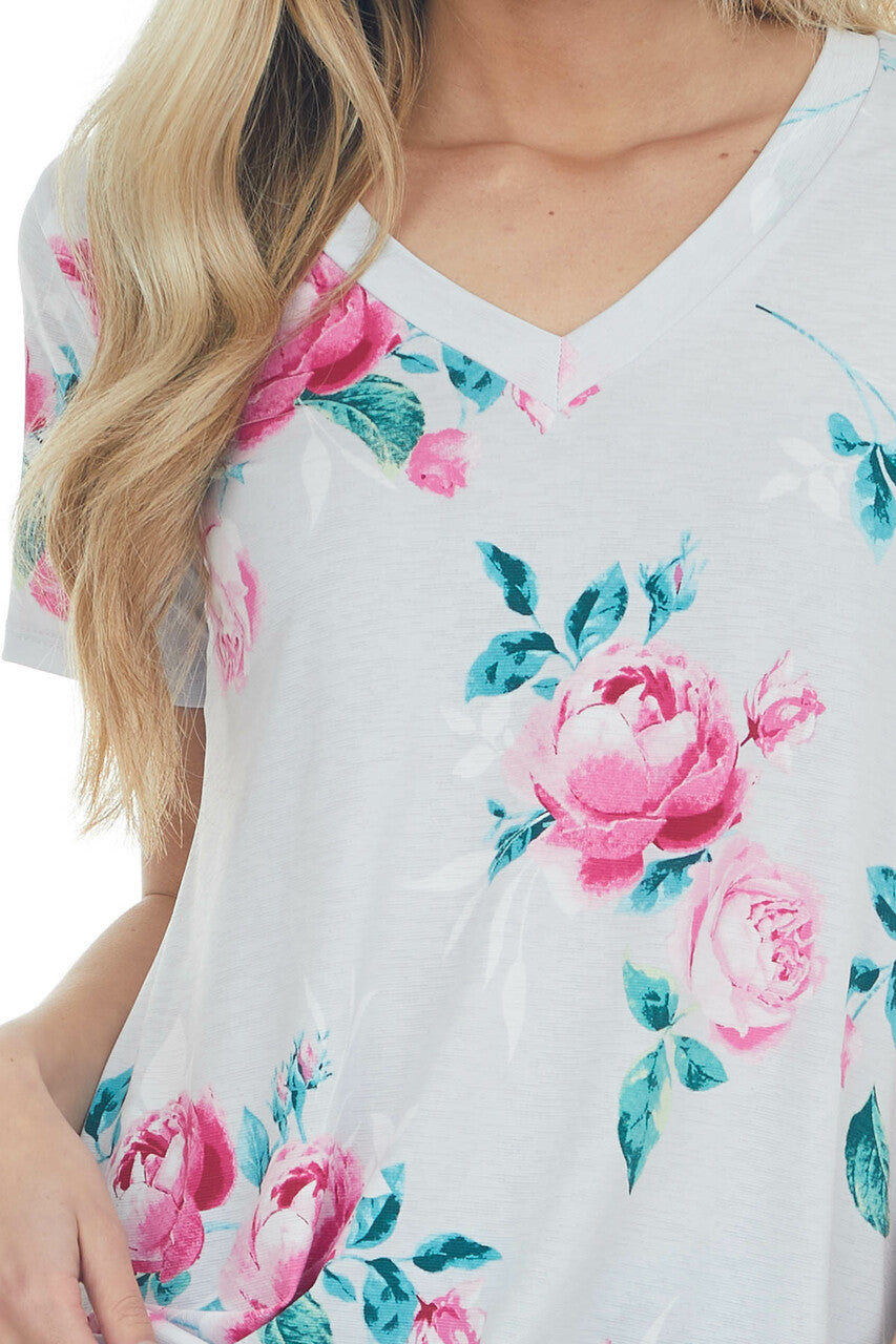 Lunar Grey Floral Print Short Sleeve Top with V Neckline