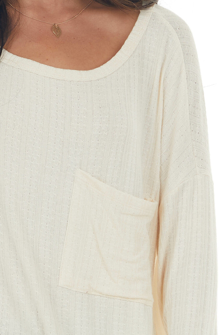 Champagne Textured Knit Top with Chest Pocket