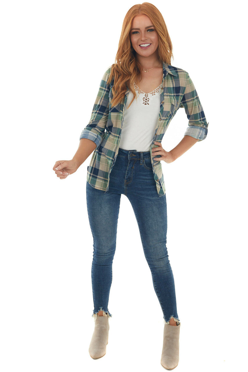 Pistachio and Navy Plaid Top with Chest Pocket 