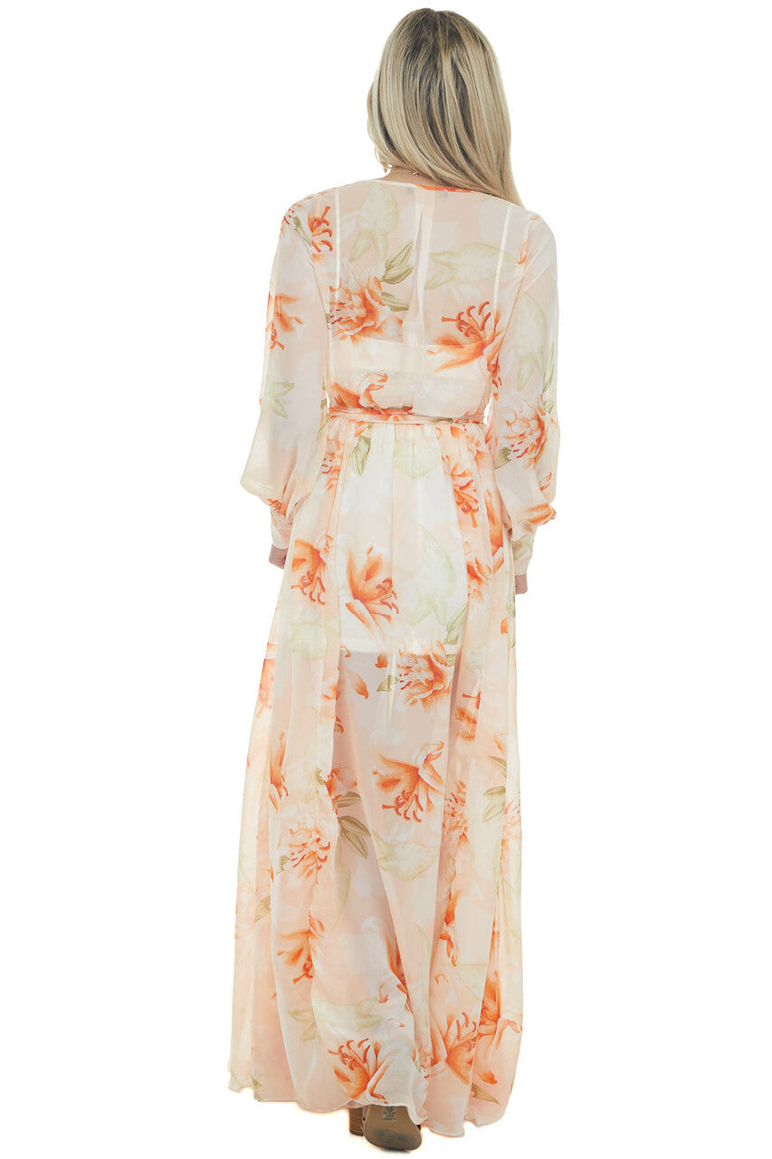 Light Peach Floral Print Long Sleeve Sheer Woven Maxi Dress