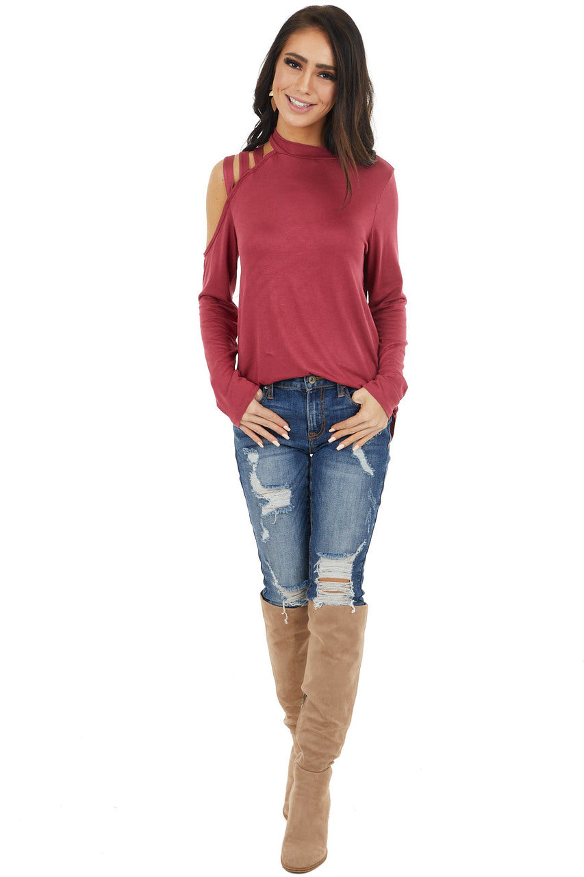 Marsala Long Sleeve Knit Top with One Caged Cold Shoulder