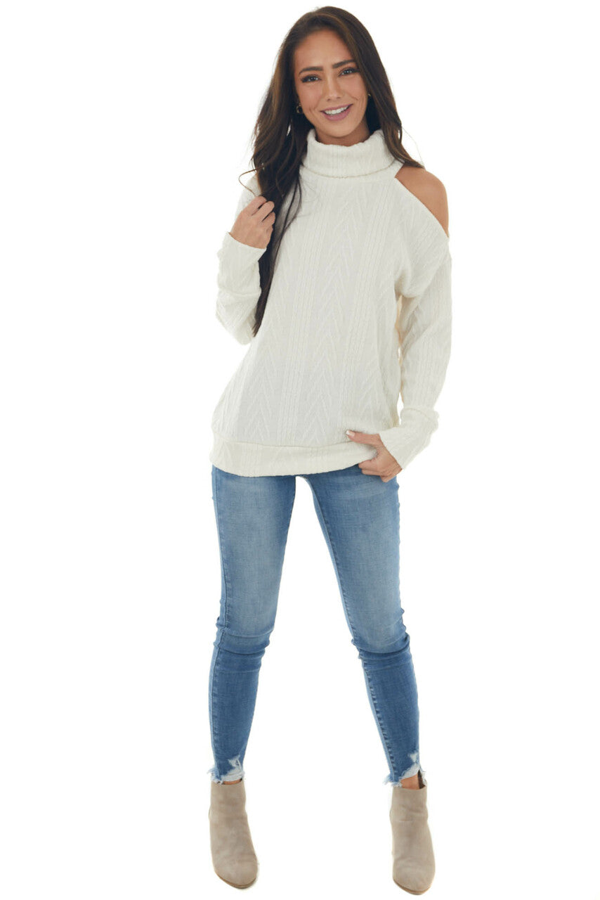 Cream Textured Cowl Neck Cold Shoulder Sweater 