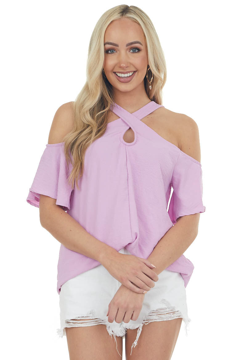 Orchid Cold Shoulder Blouse with Criss Cross Halter Neck