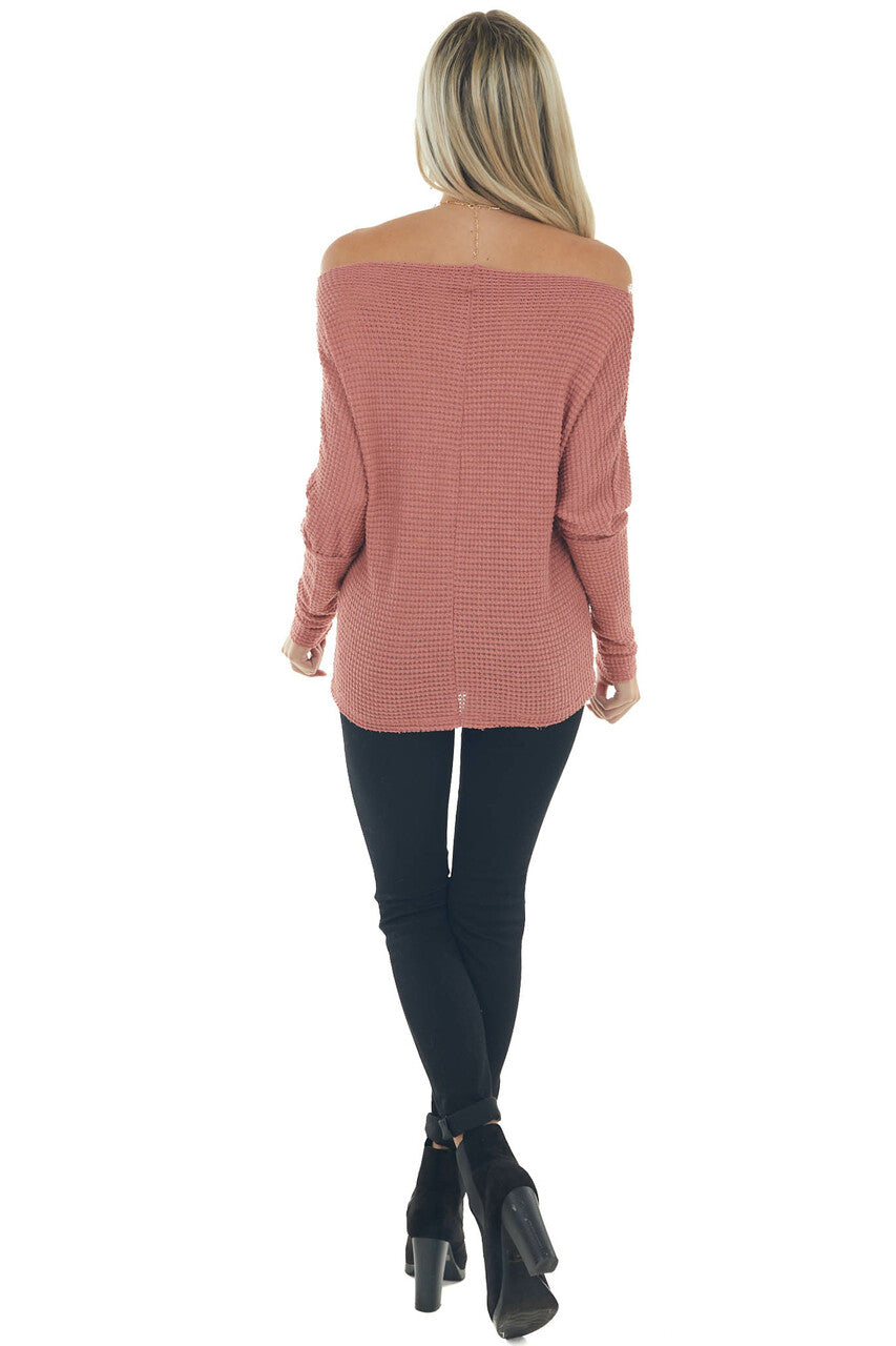 Dark Rose Waffle Knit Boat Neck Long Cuff Top 