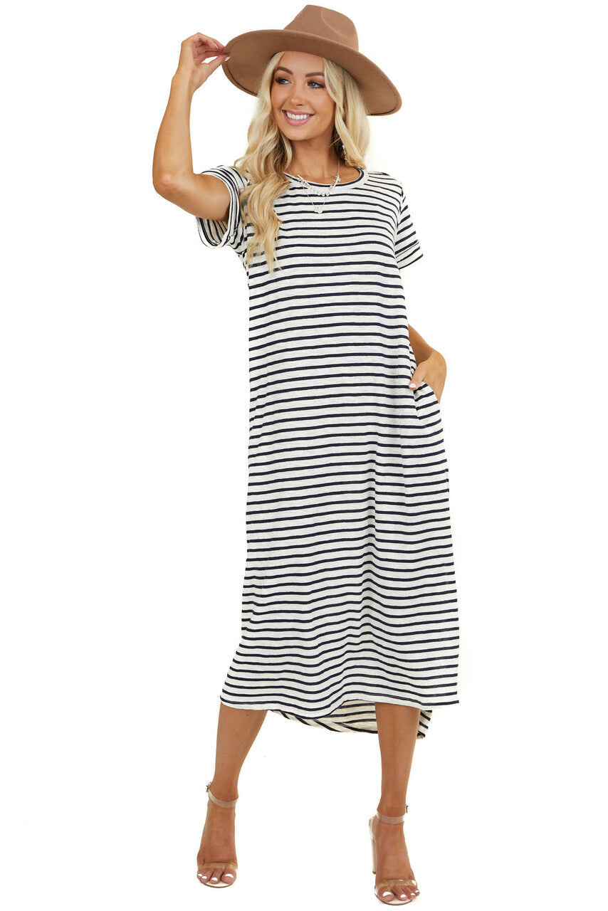 Off White and Navy Striped Dress with Side Pocket Details