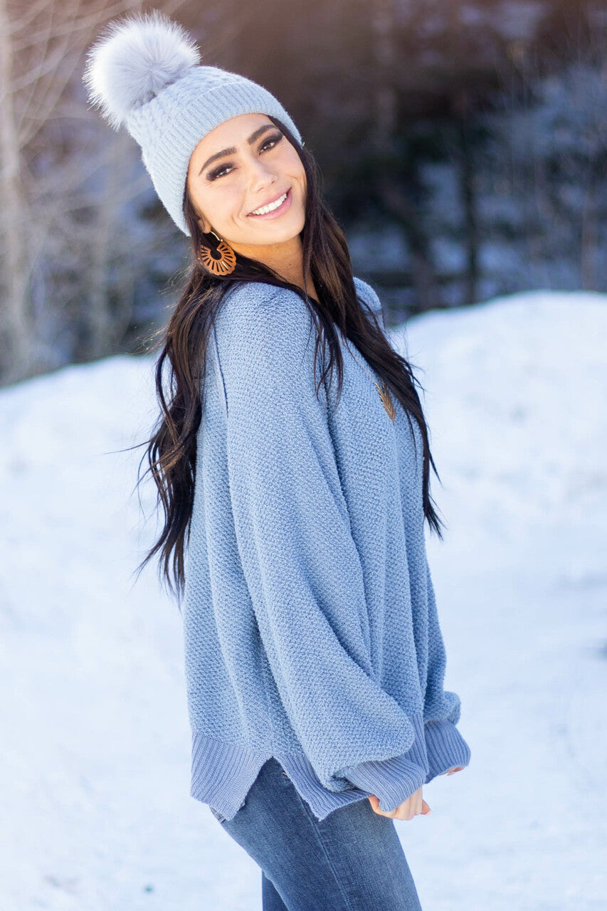 Dusty Blue Long Sleeve Lightweight Sweater with Raw Details