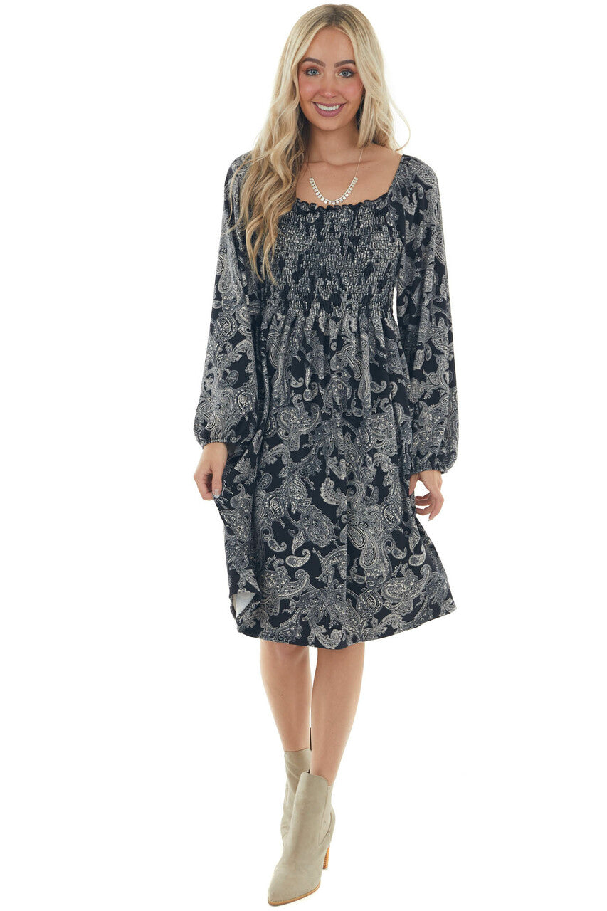 Black Paisley Print Smocked Bodice Midi Dress