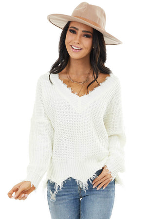 Ivory V Neck Sweater with Distressed Detail