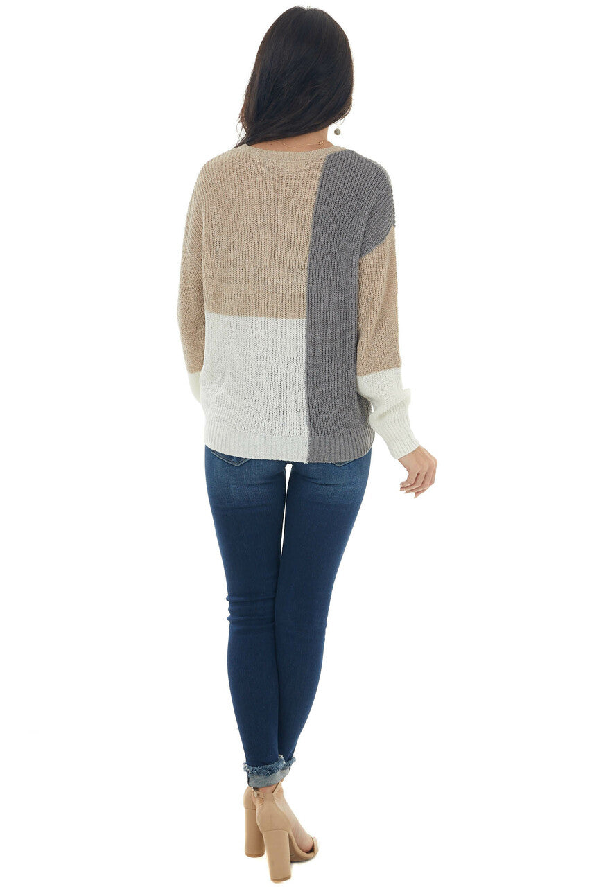 Beige Colorblock Long Sleeve Knit Sweater 