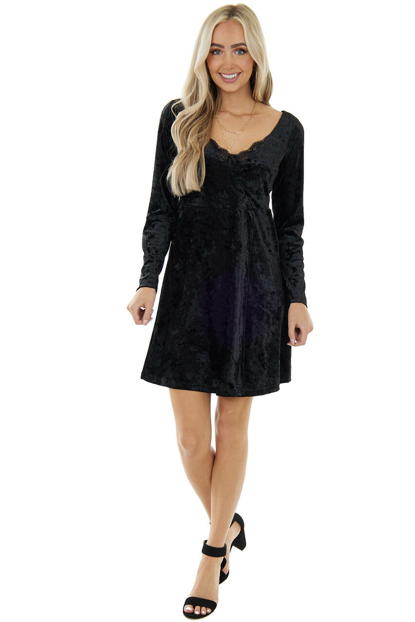 Black Velvet V Neck Lace Trim Short Dress