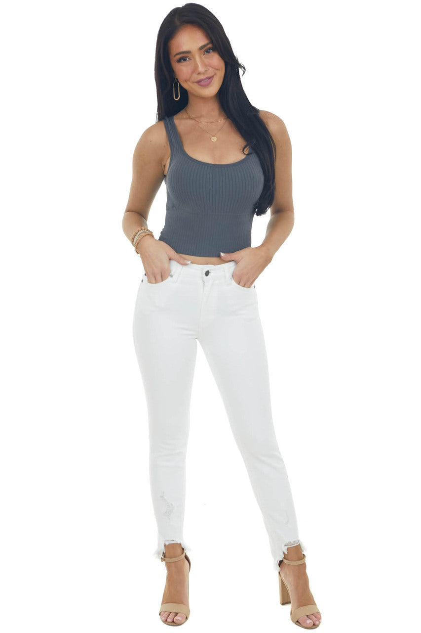 White High Rise Shark Bite Hem Skinny Jeans