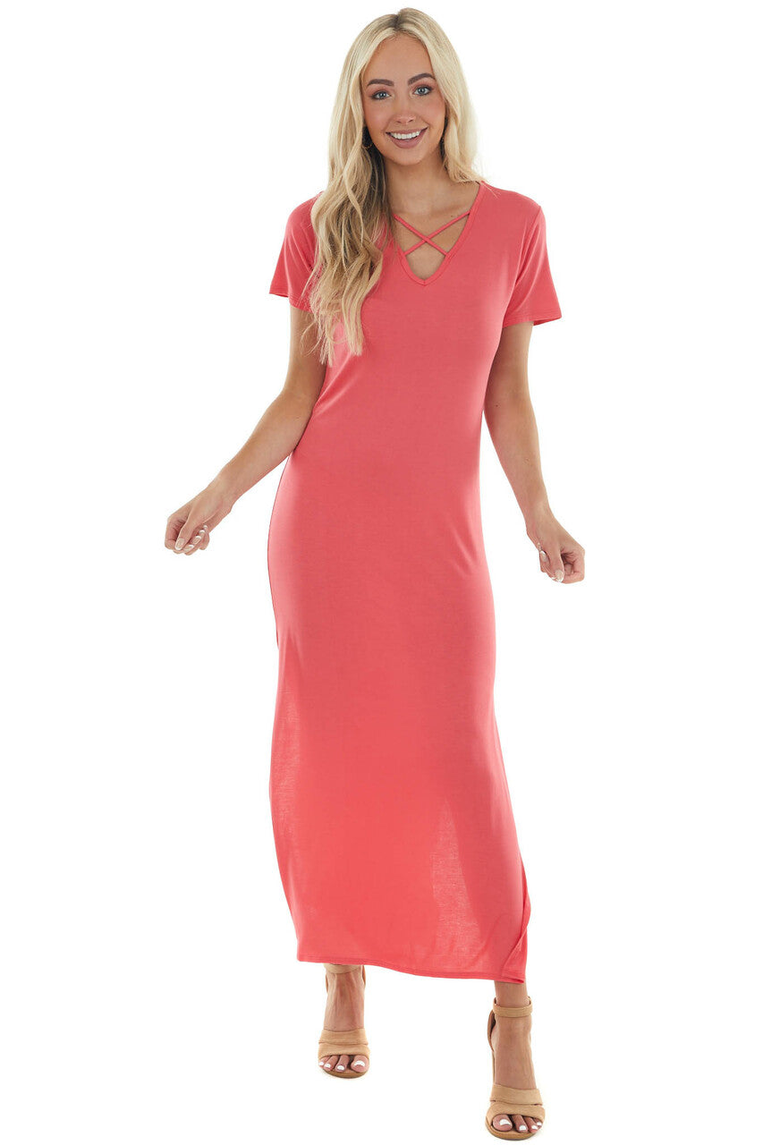 Watermelon Criss Cross V Neck Knit Maxi Dress