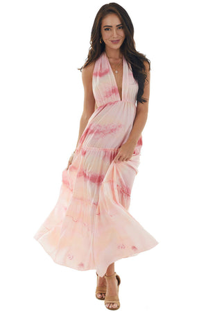 Cherry Blossom Tie Dye Halter Neck Maxi Dress
