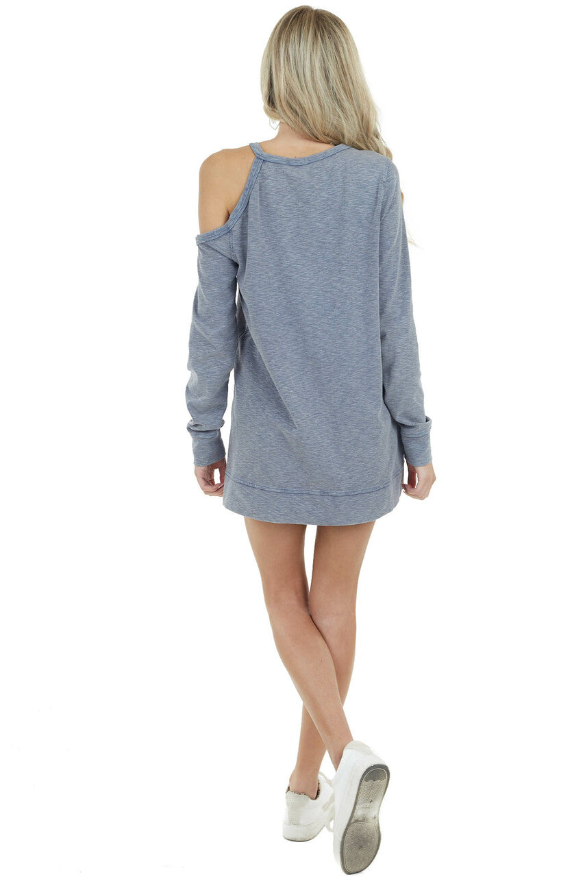 Dusty Blue Two Toned Long Sleeve Top with Cold Shoulder