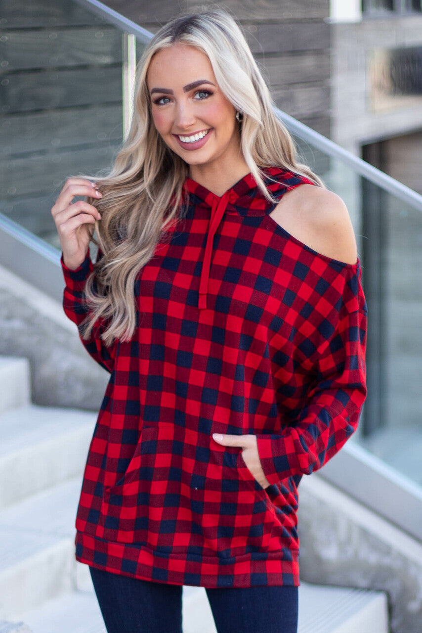 Cranberry Checkered Plaid Cold Shoulder Hoodie 