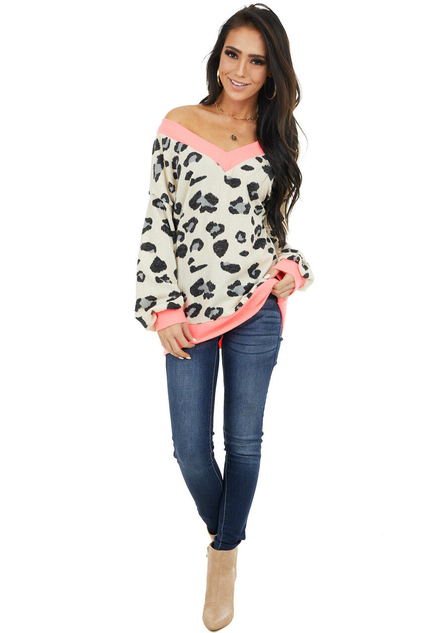 Ivory Leopard Print Long Sleeve Top with Contrast Trim