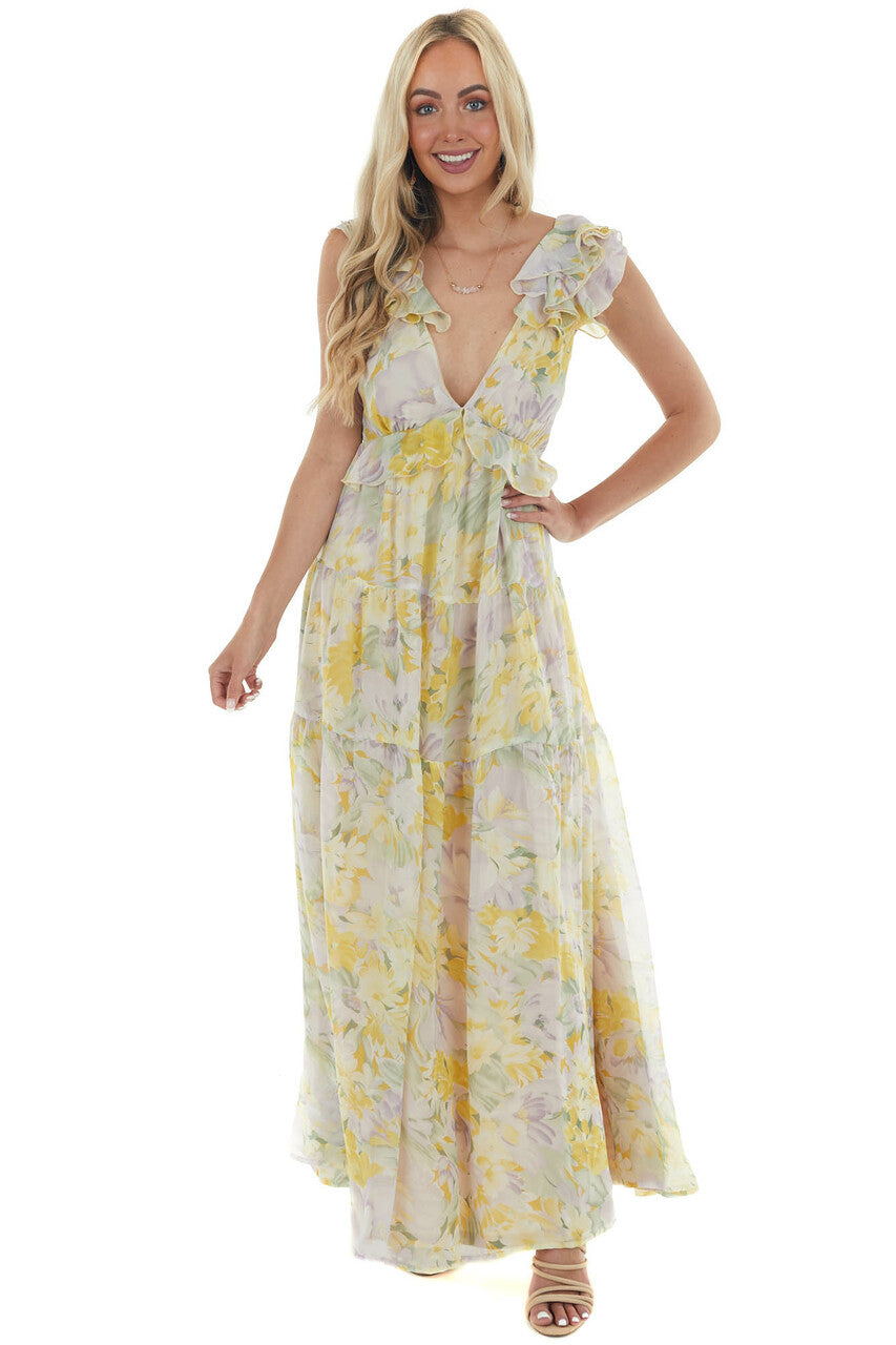 Pastel Yellow Floral Open Back Maxi Dress