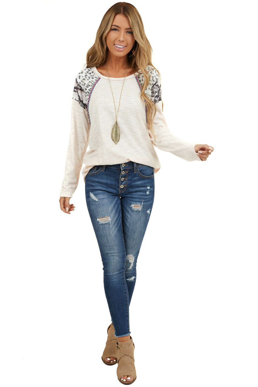 Pale Peach Long Sleeve Top with Leopard and Snakeskin Print 