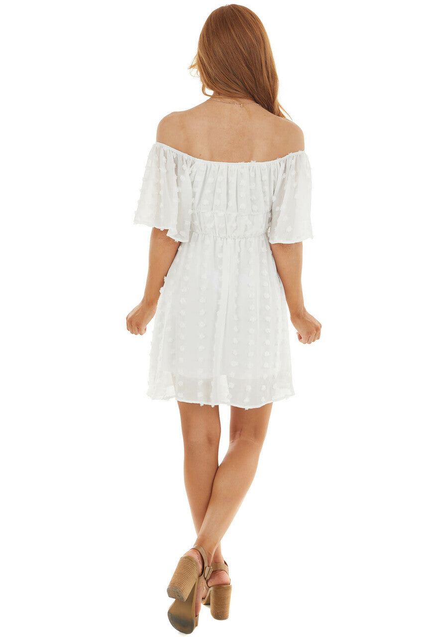 Pearl Off Shoulder Swiss Dot Woven Short Dress