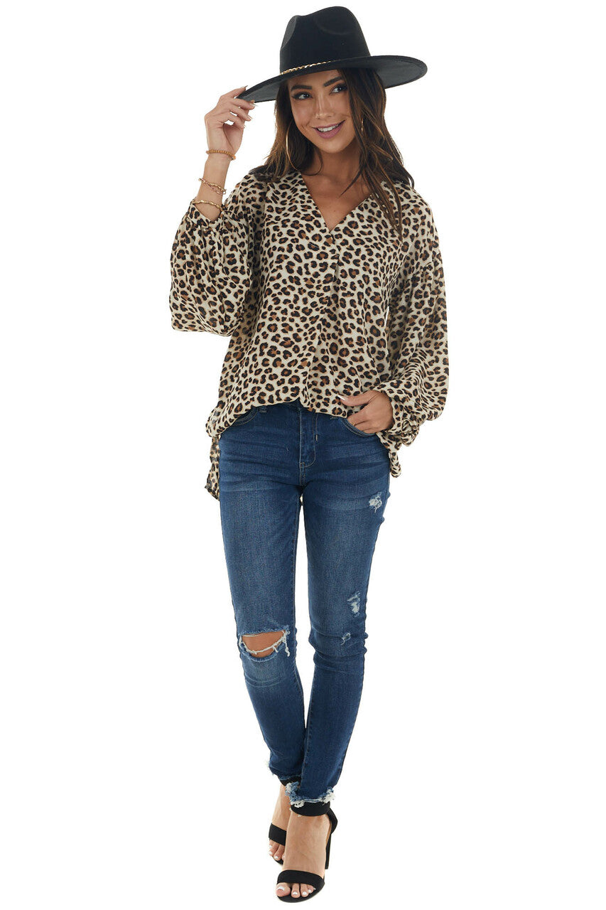 Beige Leopard Print Long Puff Sleeve Woven Top