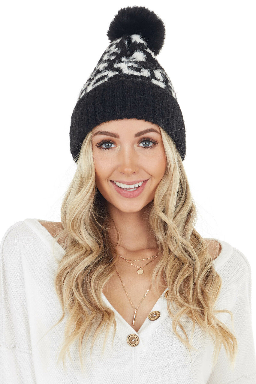 Black and White Leopard Print Beanie with Pom Pom Detail 