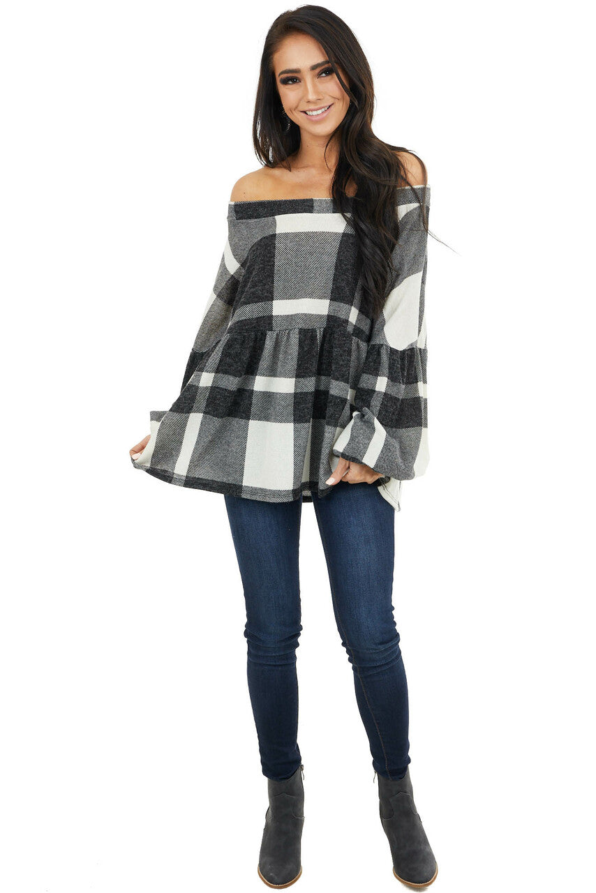 Ivory Fuzzy Buffalo Plaid Babydoll Top with Balloon Sleeves 