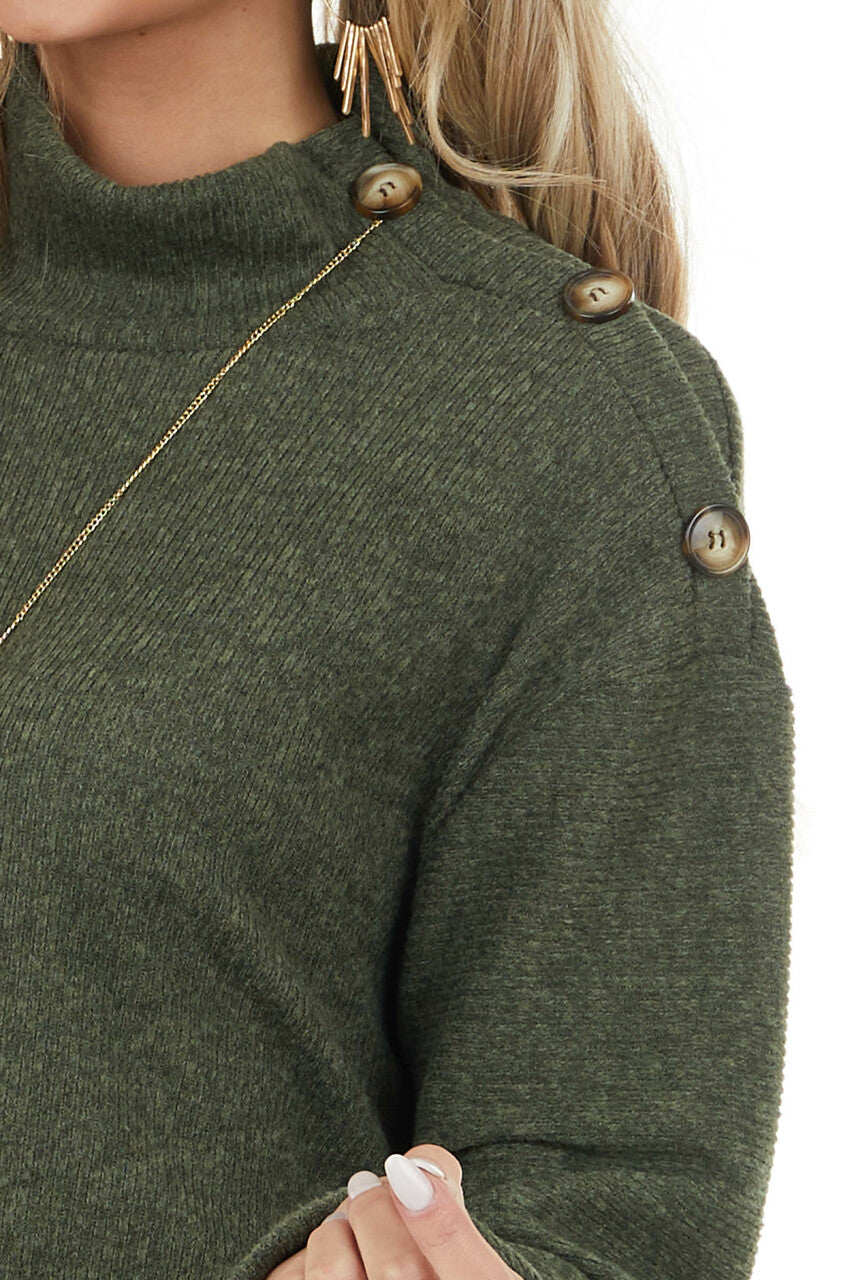 Olive Ribbed Knit Top with Mock Neck and Buttons