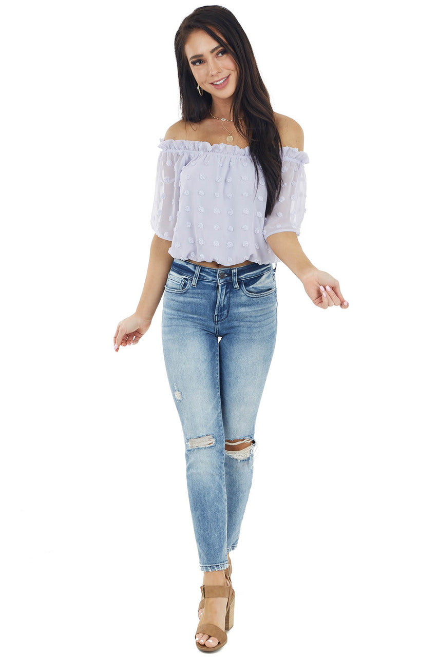 Lilac Swiss Dot Off the Shoulder Crop Top with Elastic Hem