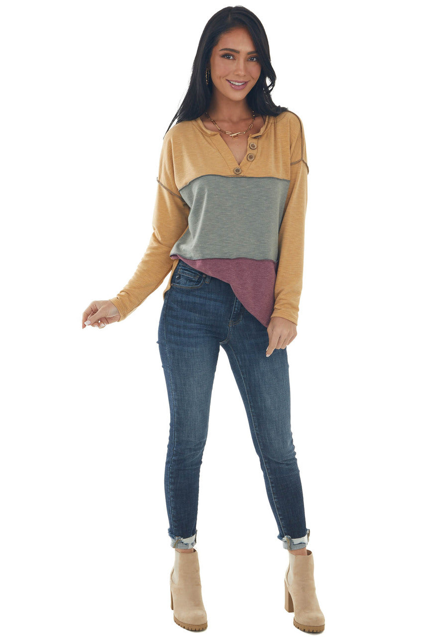 Amber and Berry Colorblock Henley Knit Top 
