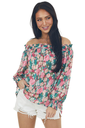 Teal Sheer Floral Off the Shoulder Top