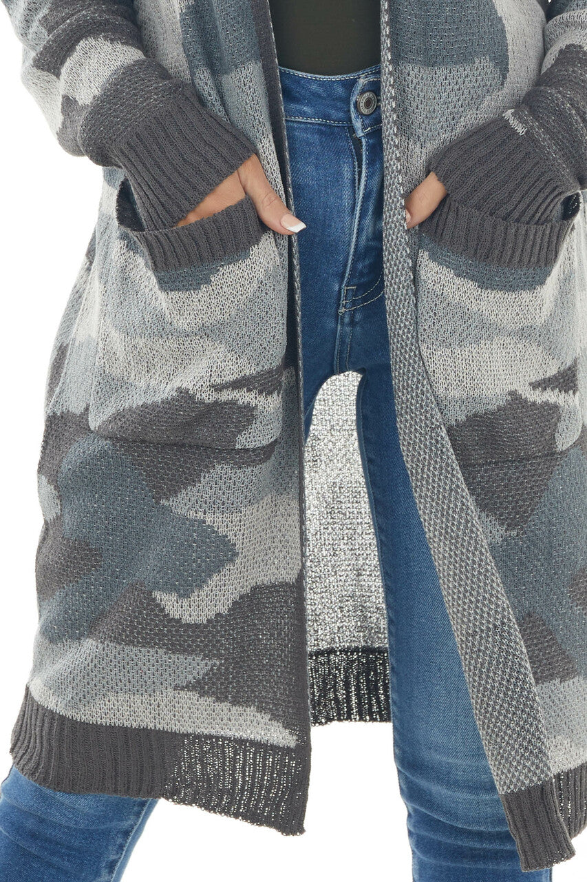 Steel Grey Camo Print Stretchy Knit Cardigan 