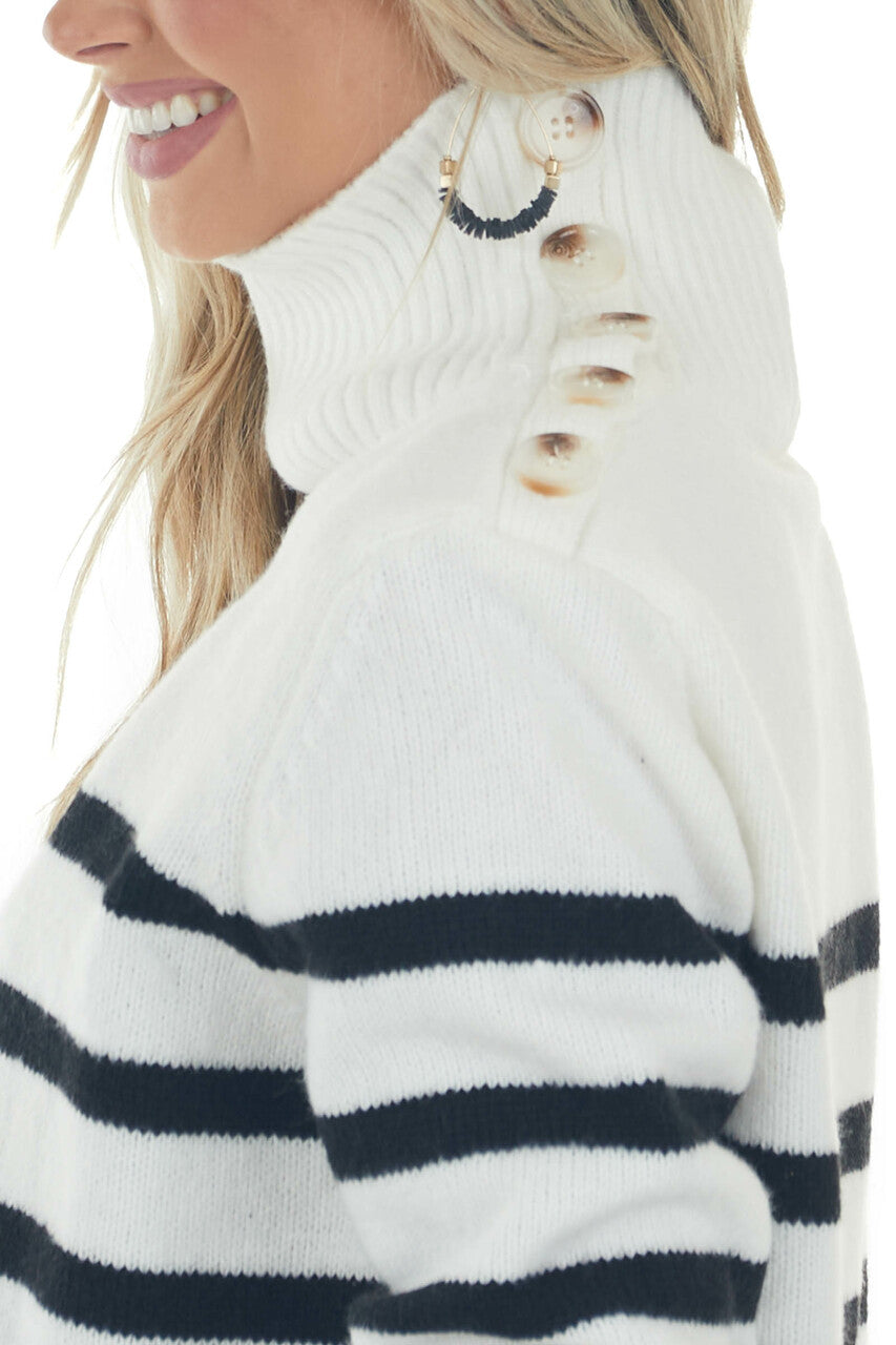 Off White Striped Side Button Up Neck Sweater