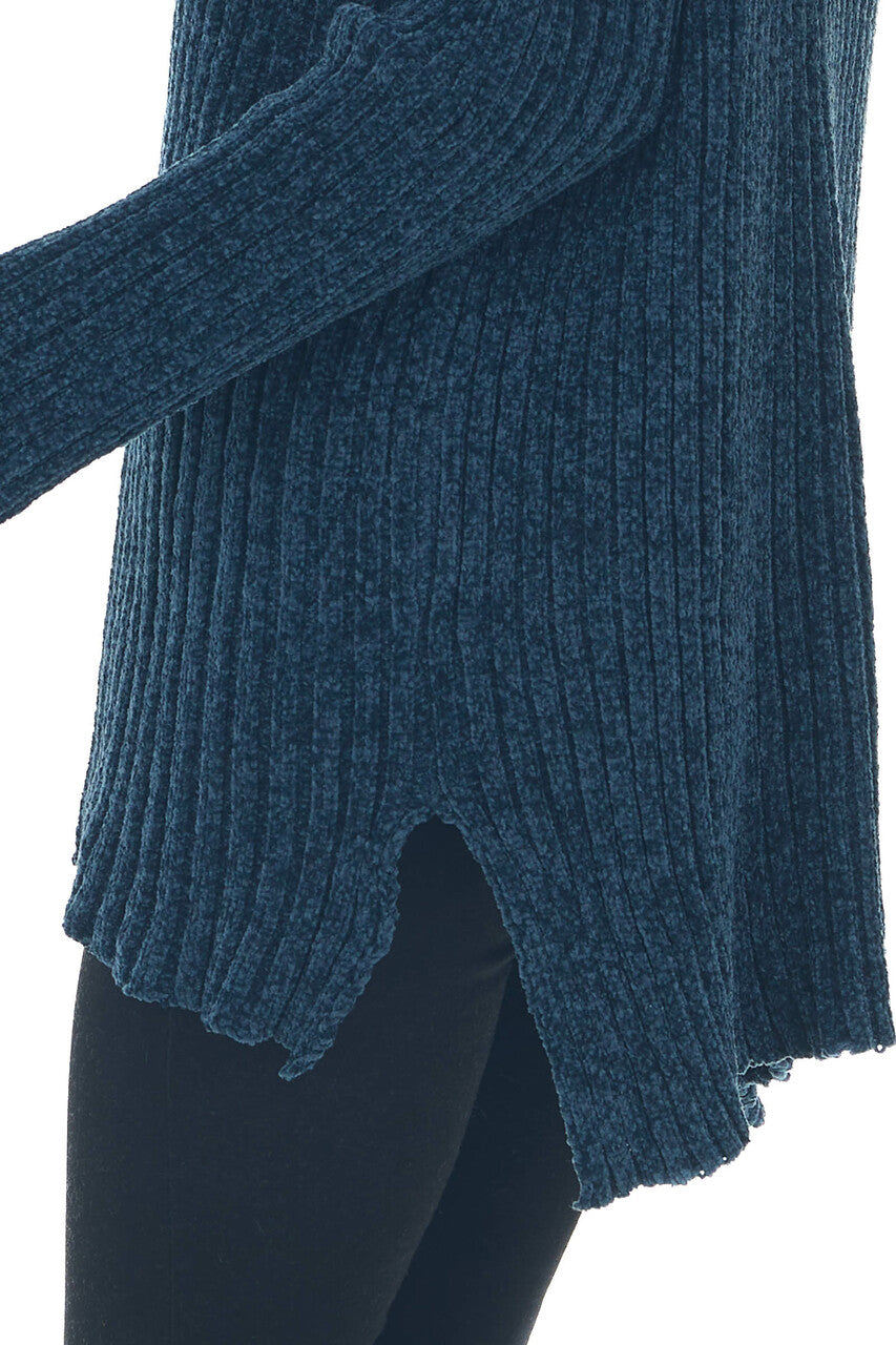 Steel Blue Chenille Ribbed Cowl Neck Sweater